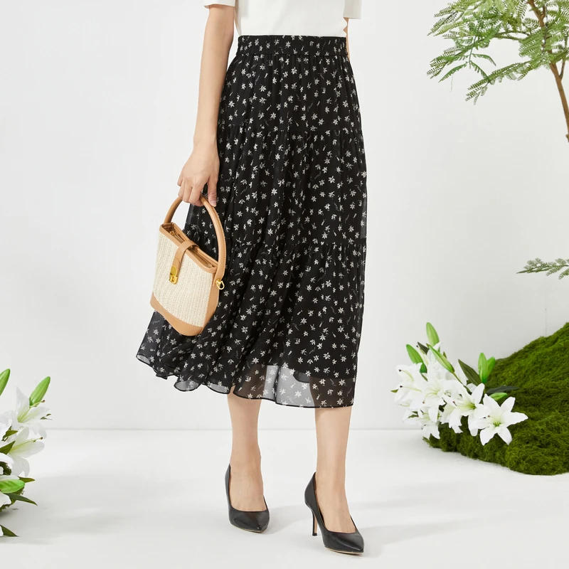 娜尔思25春夏新款半裙优雅A字裙中长裙半身裙女裙子NW01561W0