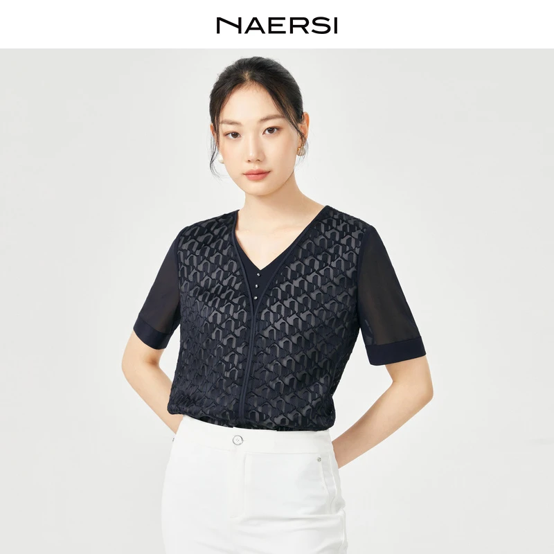 【艺术烧花】NAERSI/娜尔思气质V领短袖衬黑色衫女2024早秋上衣