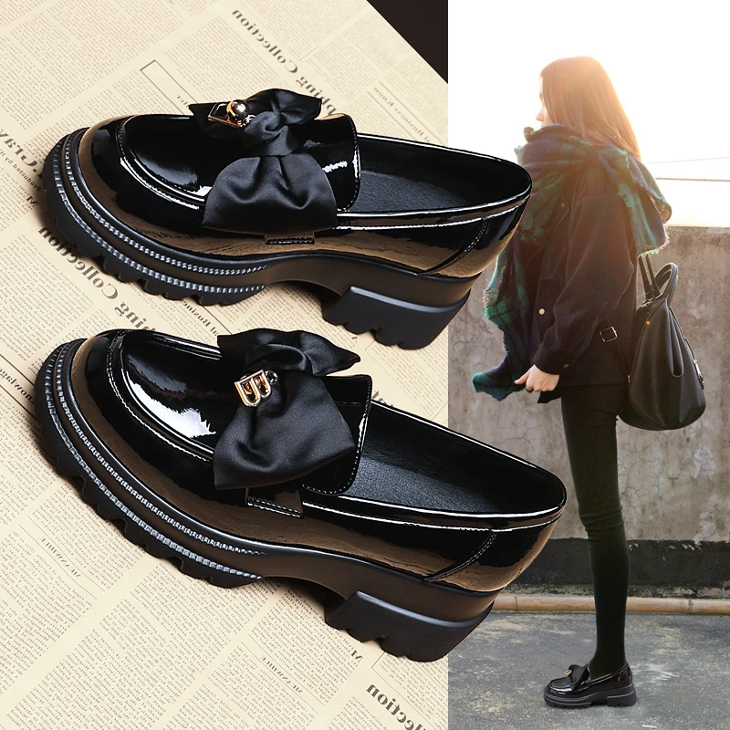 回力瑞厚底乐福鞋女鞋2023年爆款黑色单鞋百搭一脚蹬英伦风小皮鞋