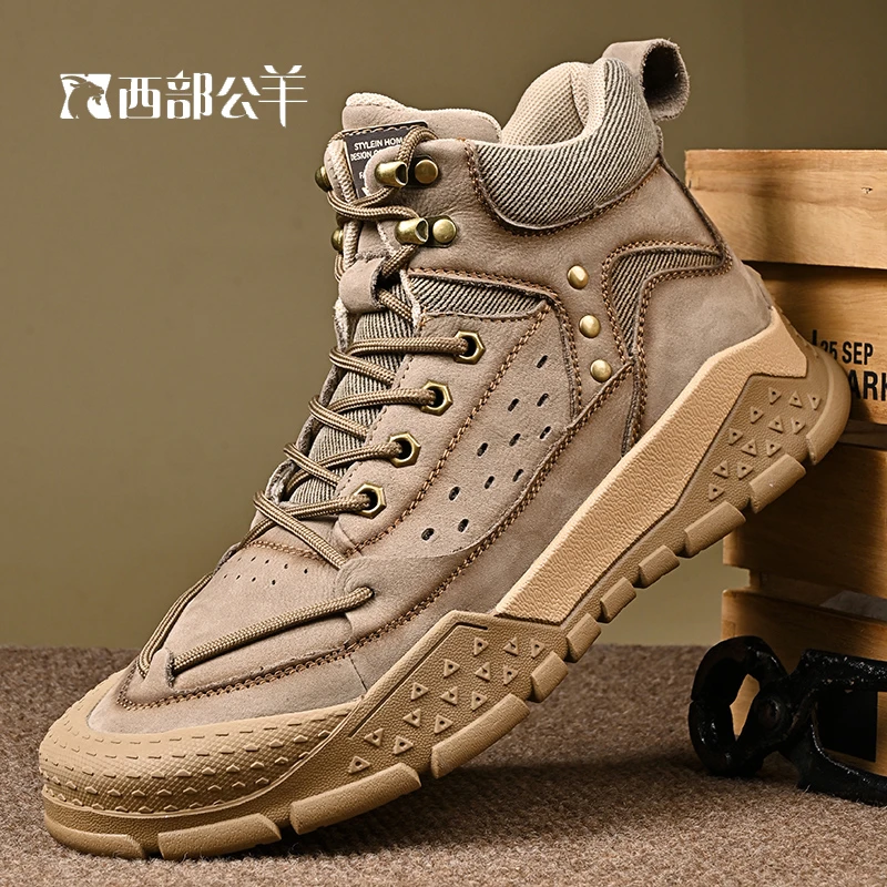 西部公羊马丁靴男秋冬加绒高帮鞋男保暖短靴复古靴子工装英伦皮靴
