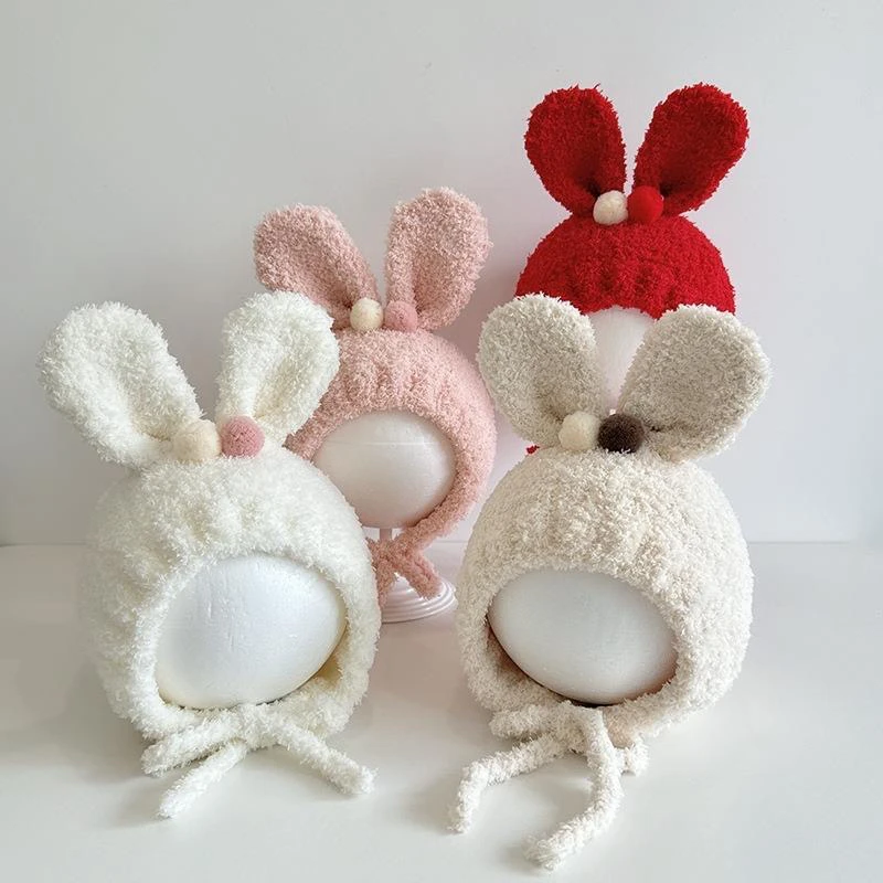 婴儿帽子秋冬季加厚毛绒婴幼儿护耳帽韩版彩球耳朵宝宝外出套头帽