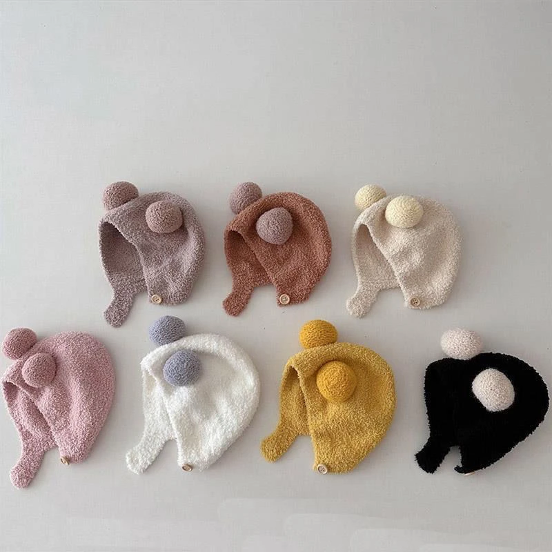 韩版ins秋冬新款宝宝护耳帽保暖防寒帽舒适婴儿双球软糯包头帽潮