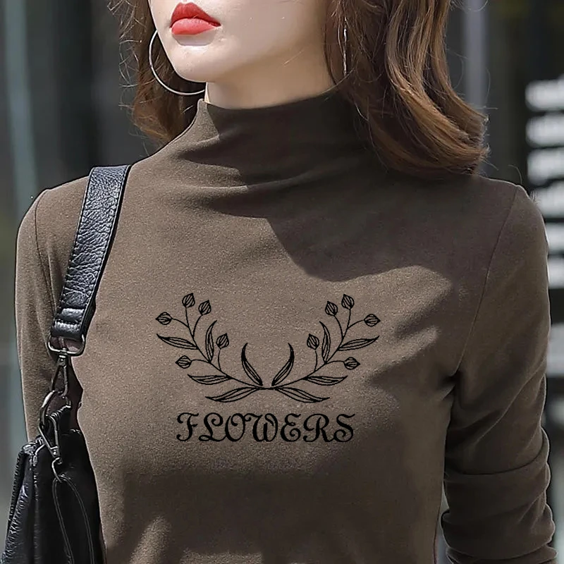 德绒半高领打底衫女士秋冬长袖大码印花双面加绒加厚保暖高档上衣