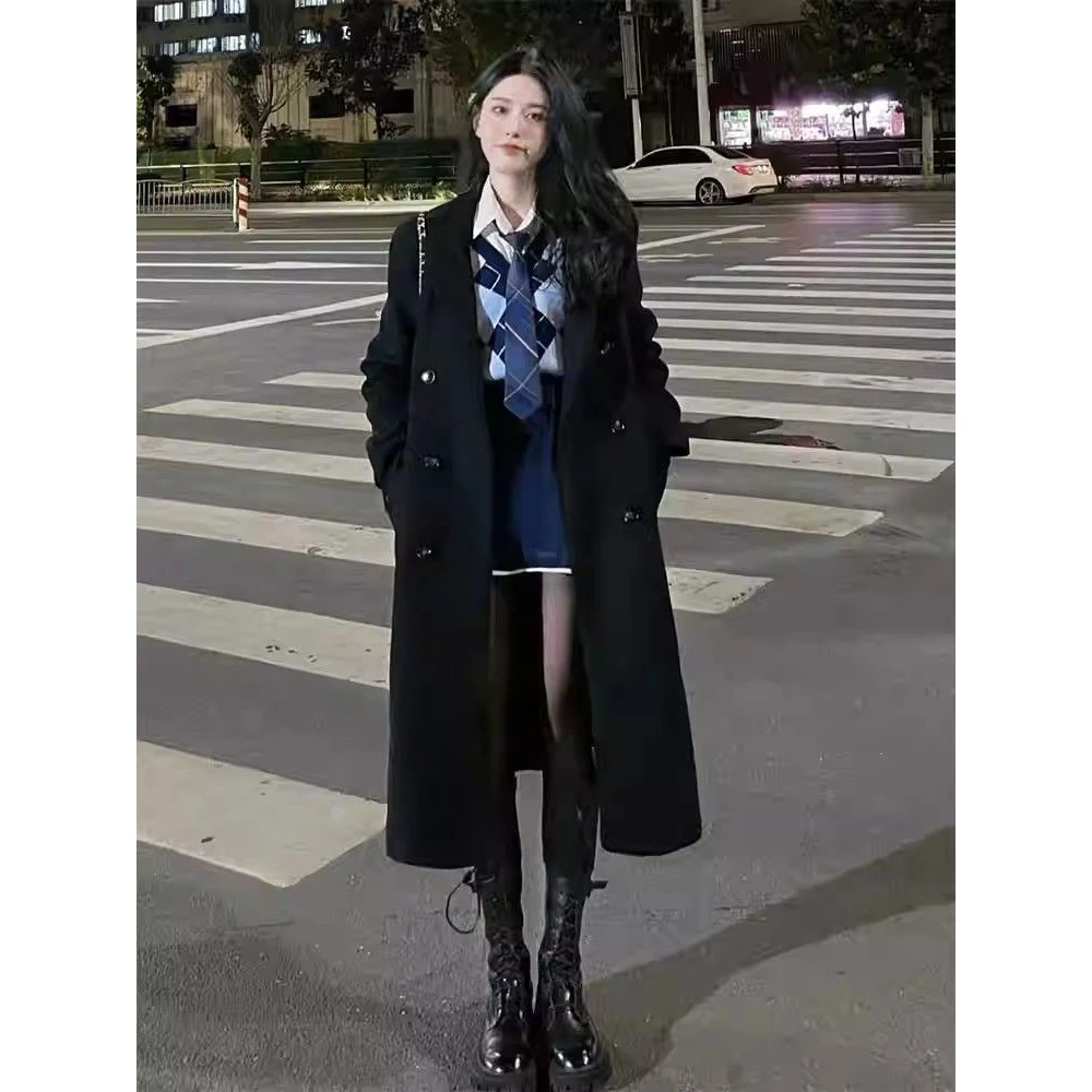 黑色毛呢外套女2023年秋冬宽松学院风中长款加厚赫本风过膝高档