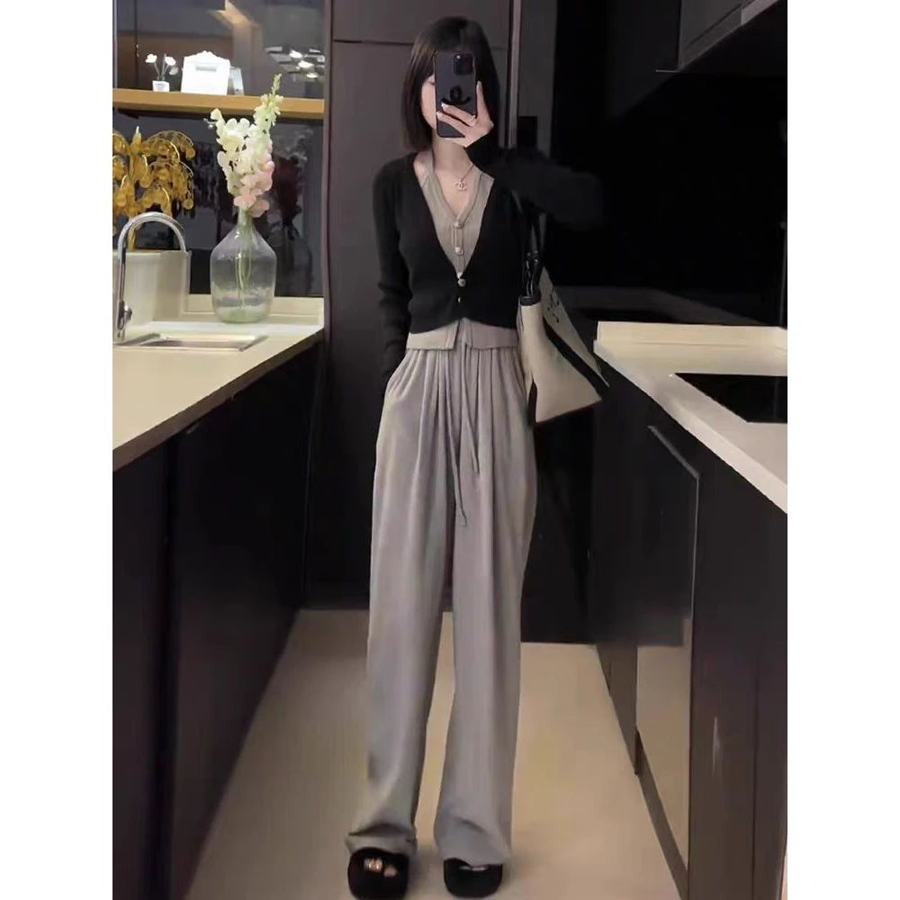 1089慵懒时尚洋气套装女秋季V领挂脖假两件针织上衣阔腿裤两件套