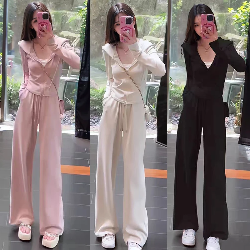 1086小个子减龄显瘦时尚运动套装女秋季新款连帽卫衣阔腿裤两件套