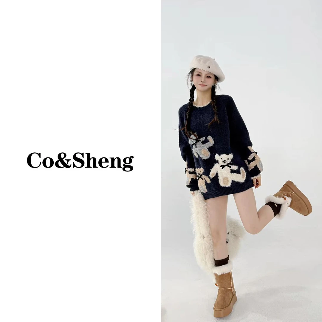 小熊软糖/co&sheng150小个子春季立体蝴蝶结卡通小熊中长款毛衣