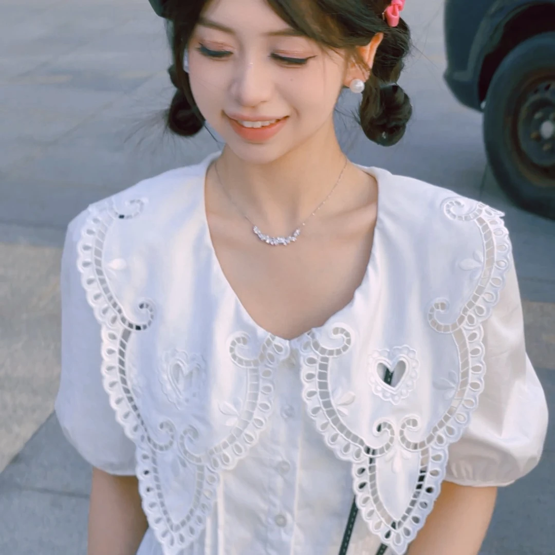 重生蕾丝白色夏季复古法式小众娃娃领翻领百搭短袖连衣裙女装气质
