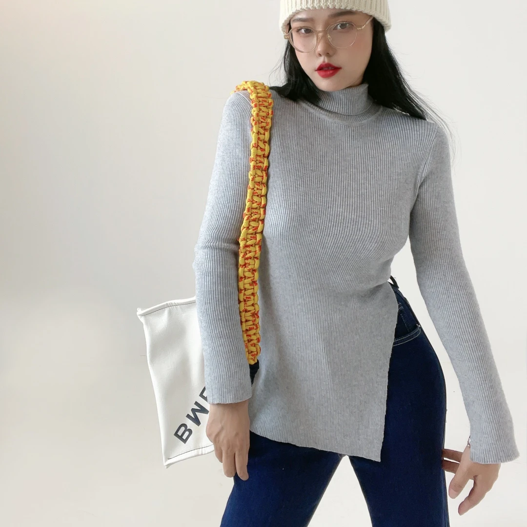 Co&Sheng重生 秋冬内搭打底衫修身显瘦气质时尚纯色长款开叉针织