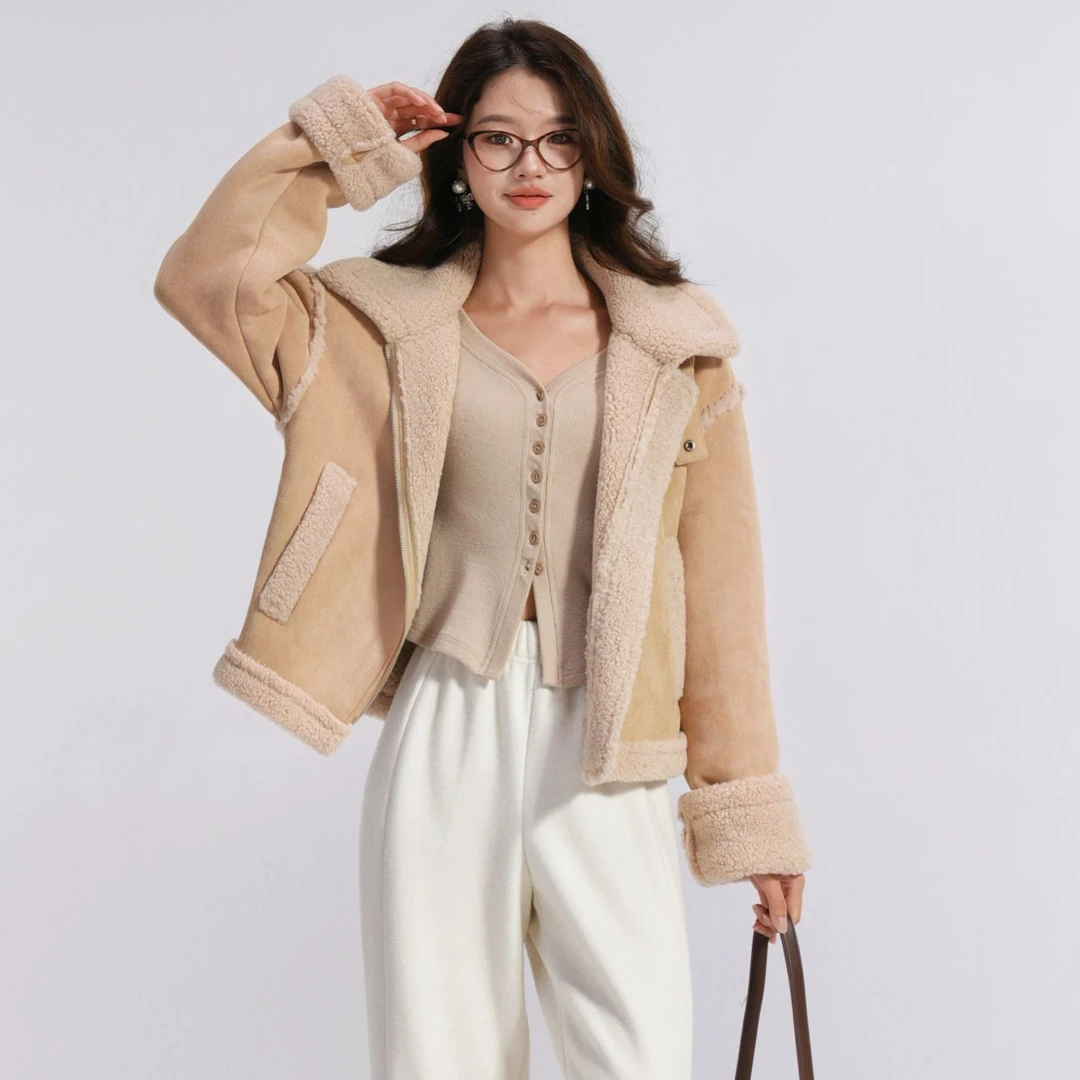 原野/co&sheng小个子女定制复古短款毛呢外套拼接宽松皮毛一体