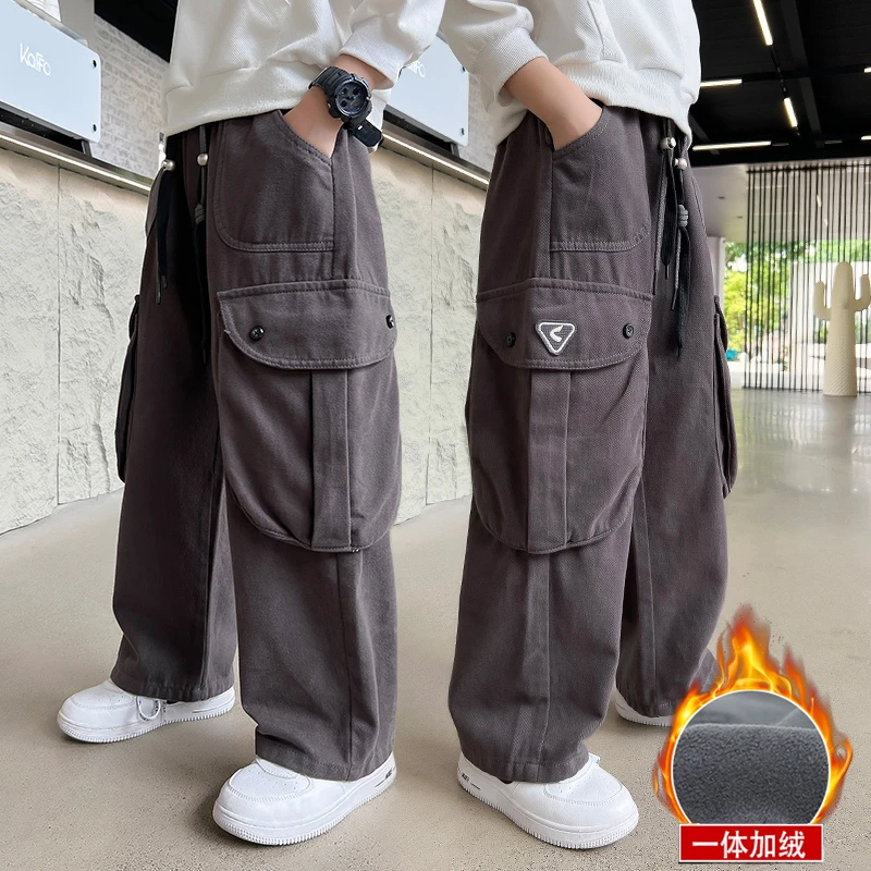 男童裤子秋冬款休闲阔腿裤儿童2024春季新款中大童直筒加绒宽松弹
