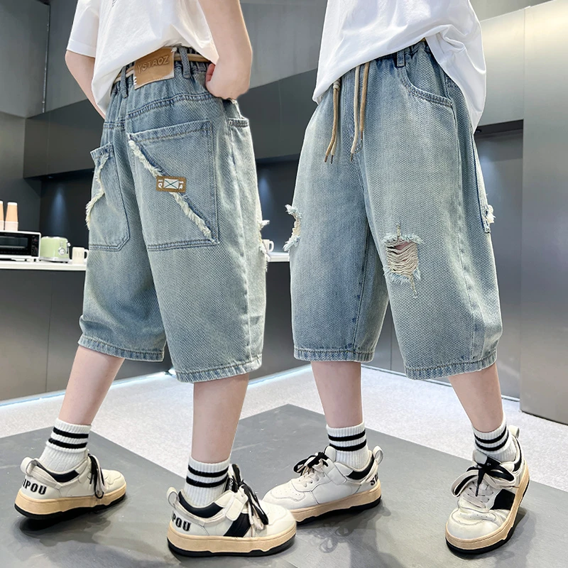 男童短裤夏季薄款牛仔七分裤儿童2025新款中大童破洞五分裤子中裤