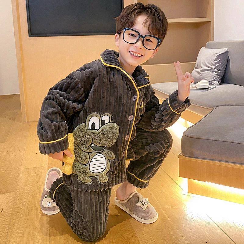 【儿童珊瑚绒睡衣】冬季中大小童加绒加厚法兰绒保暖男童家居服套装