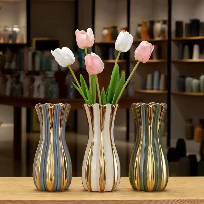 陶瓷花瓶摆件客厅插花轻奢现代简约插花摆件手工欧式花瓶393电镀