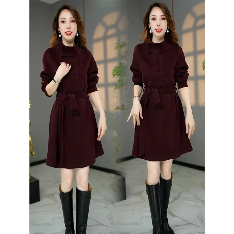 女时尚显瘦连衣裙气质长袖秋冬洋打底中长款新款收腰2024裙子立领