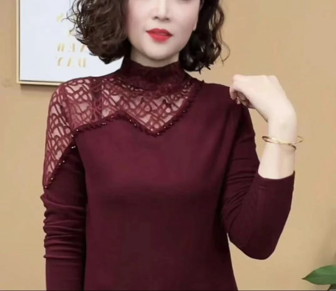 2024秋冬加厚钉珠镂空设计半高领百搭T恤女士上衣显瘦洋气打底衫