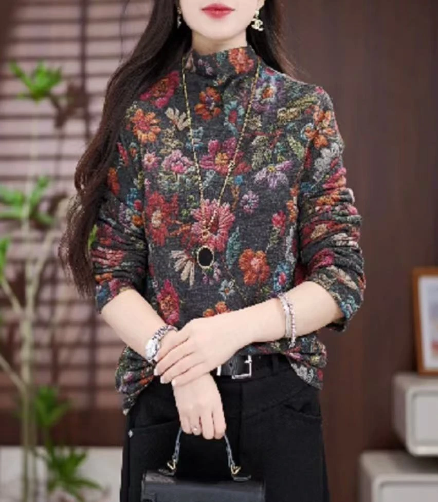 新款百搭时尚显瘦气质宽松减龄洋气打底衫上衣莫奈花园经典花色