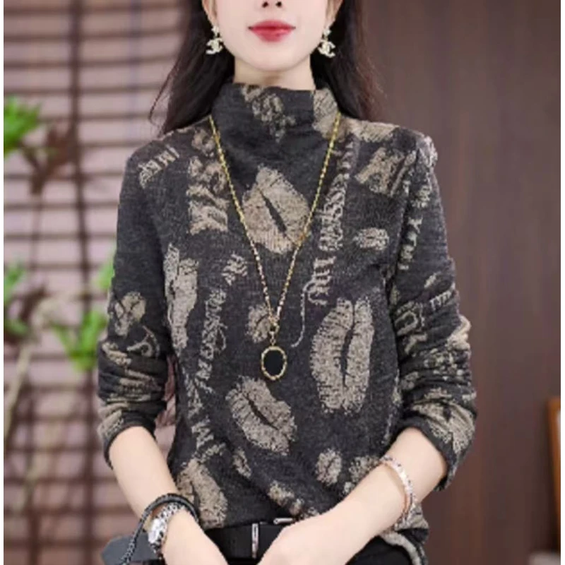 秋冬百搭时尚花色显瘦气质宽松减龄双面绒洋气打底衫半高领上衣