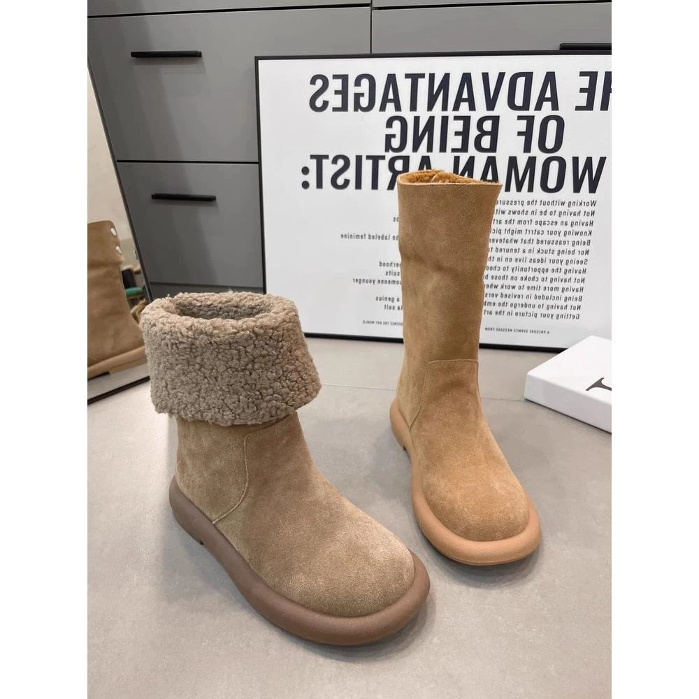 HXSYNXW 爆款纯皮两穿翻边平跟中筒靴女冬翻毛加绒雪地靴保暖棉靴