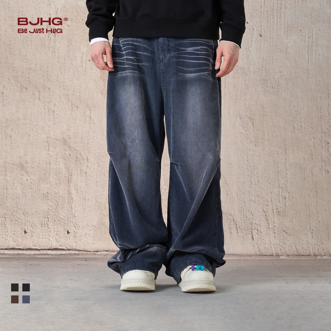 【专属】BJHG美式复古灯芯绒阔腿休闲裤子男秋水洗伞兵裤宽松长裤
