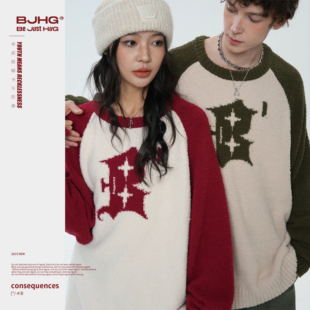 【直播专享】BJHG秋冬季撞色拼接慵懒风毛衣男潮高级感插肩袖针织