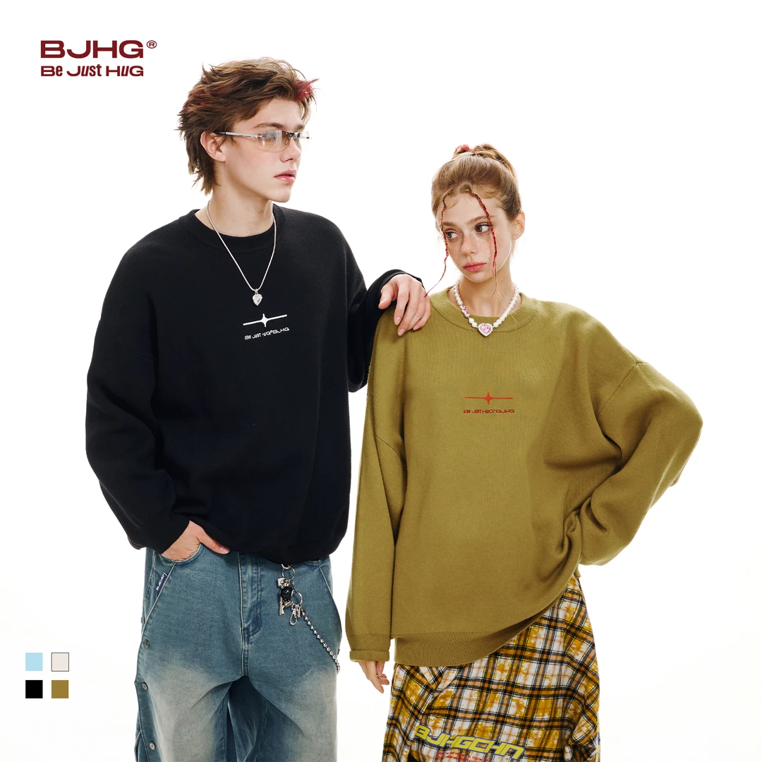 BJHG不计后果秋季幸运星重磅毛衣男女潮流宽松休闲情侣长袖上衣