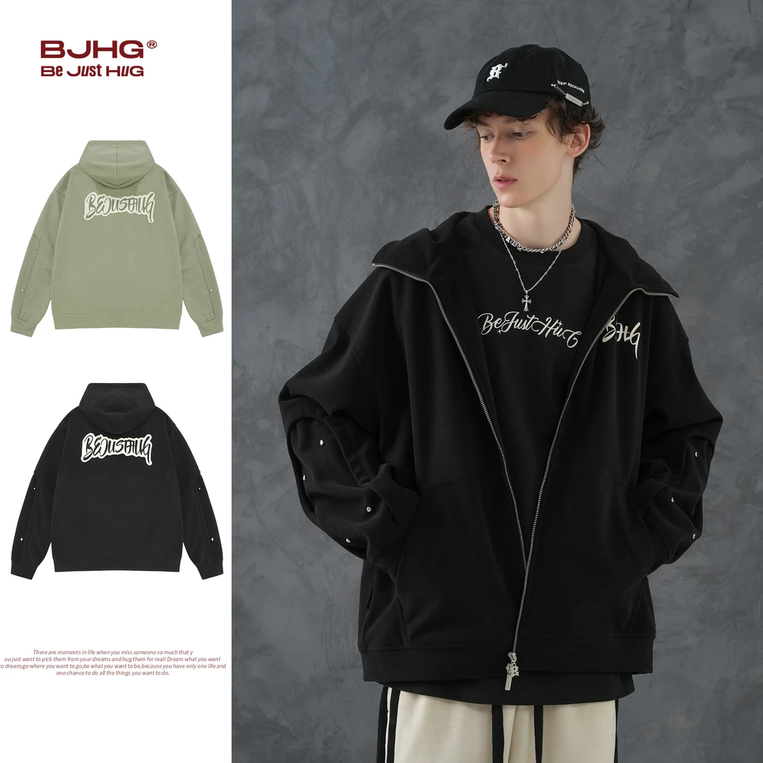 BJHG 美式高街夹克外套男春秋款潮牌连帽拉链新款休闲vintage卫衣