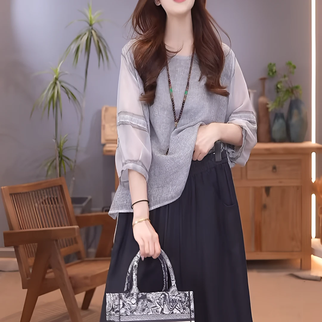 春夏季原创文艺感套头上衣休闲百搭大码中式百褶时尚圆领宽松显瘦