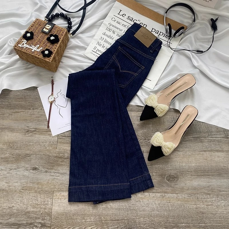 高腰微喇叭牛仔裤女秋季薄款2025新款爆款小个子丹宁蓝弹力马蹄裤