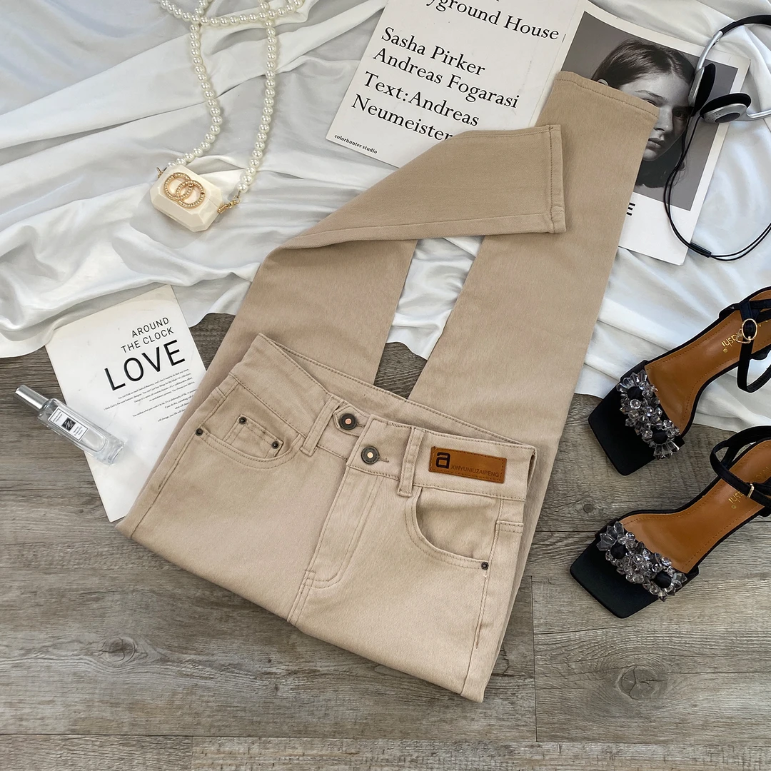 卡其色小脚牛仔裤女秋装2025今年最火新款高腰显瘦修身弹力铅笔裤