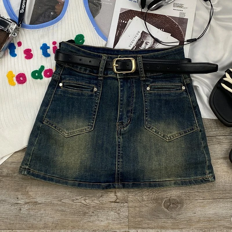 水泥灰牛仔半身裙女秋季薄款2025年新款高腰显瘦A字遮肉包臀短裙