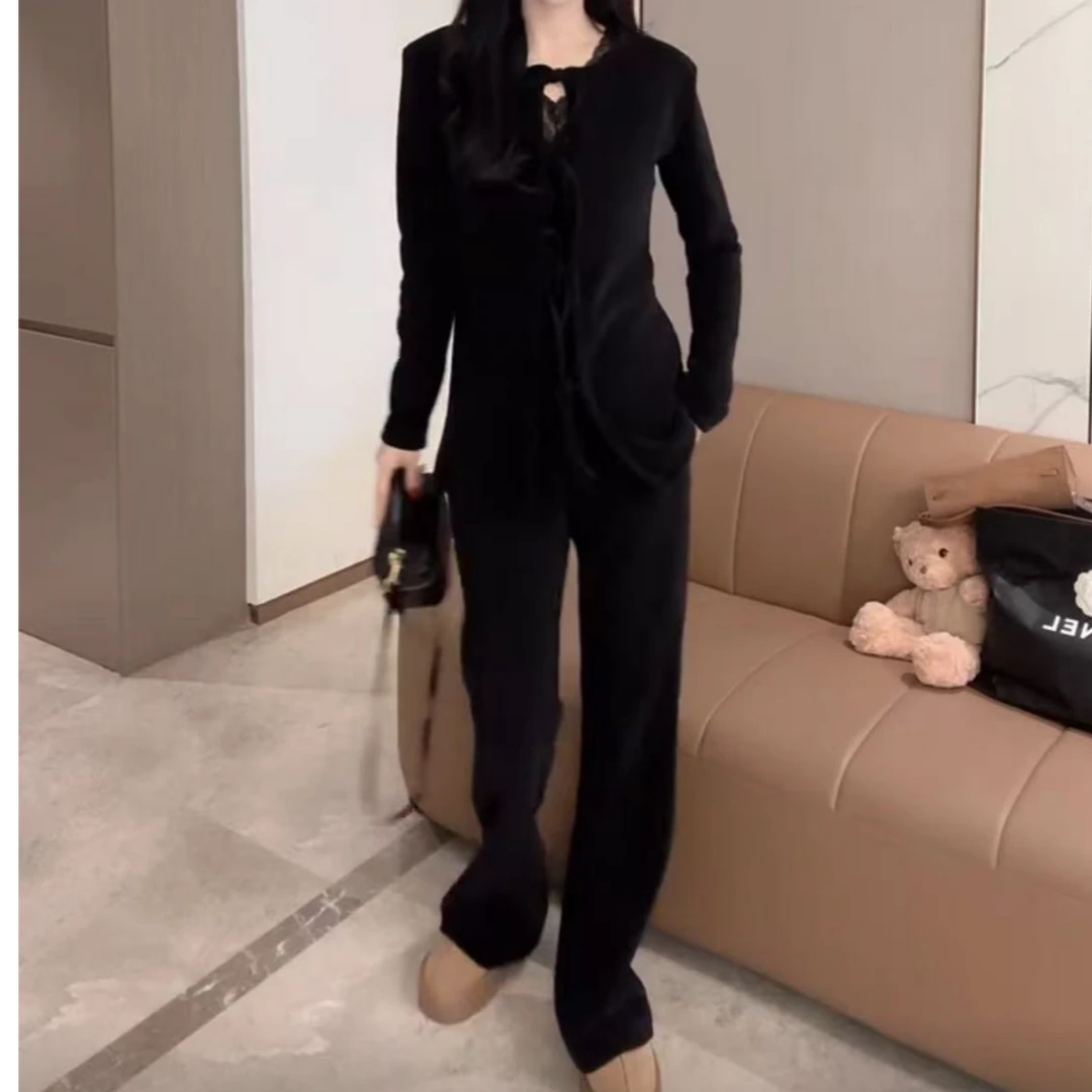 纯色单排扣褶皱收腰设计T恤高腰加绒休闲裤时尚套装