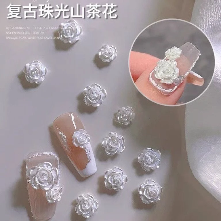 美甲饰品网红极光山茶花白色立体花朵玫瑰花美甲钻网红指甲配饰