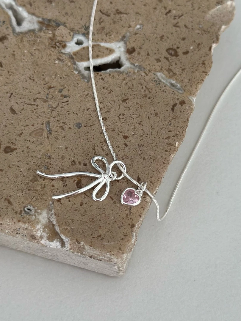 坠链均925银合成锆石 爱心蝴蝶结蛇骨项链41+5cm 10339