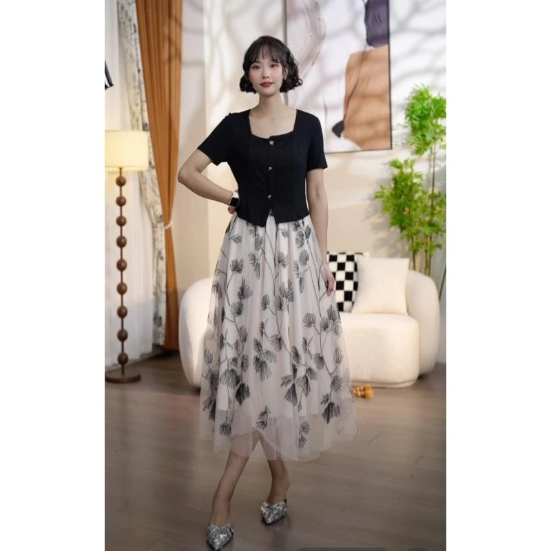 【断码清仓】L628夏季时尚气质拼接假两件网纱短袖中长款连衣裙AT