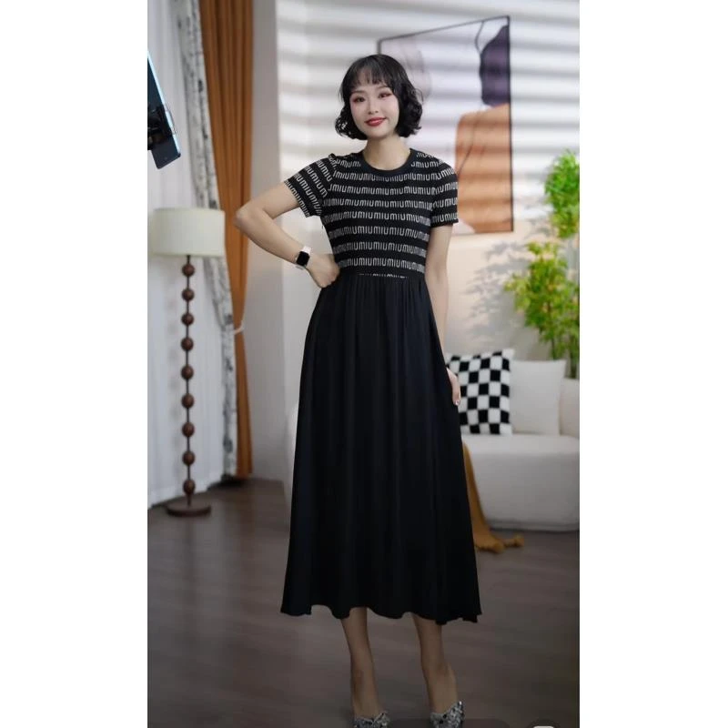 L723【断码清仓】夏季时尚气质圆领短袖字母拼接中长款连衣裙AT