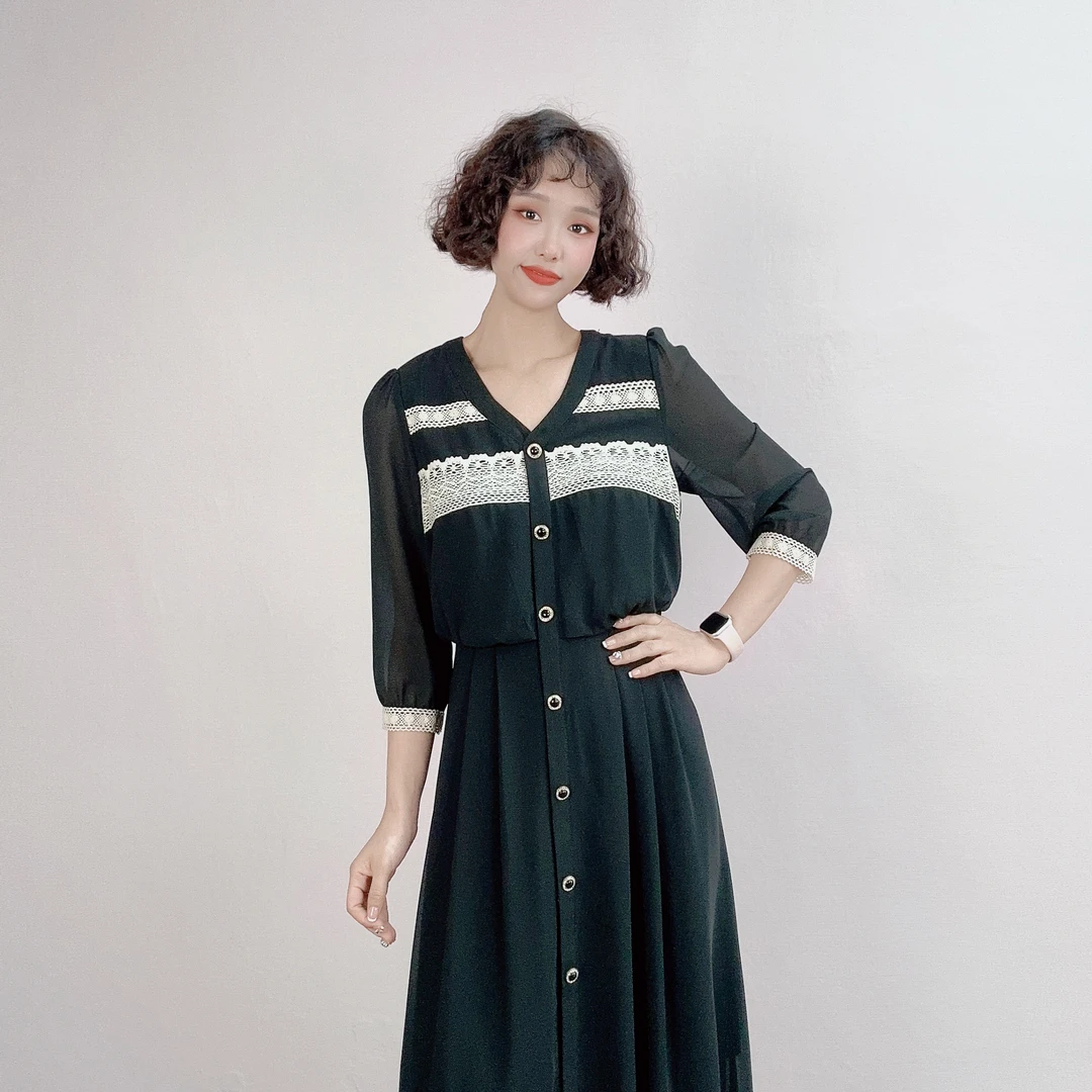 【断码清仓】L564春夏时尚气质V领法式长袖中长款连衣裙AT