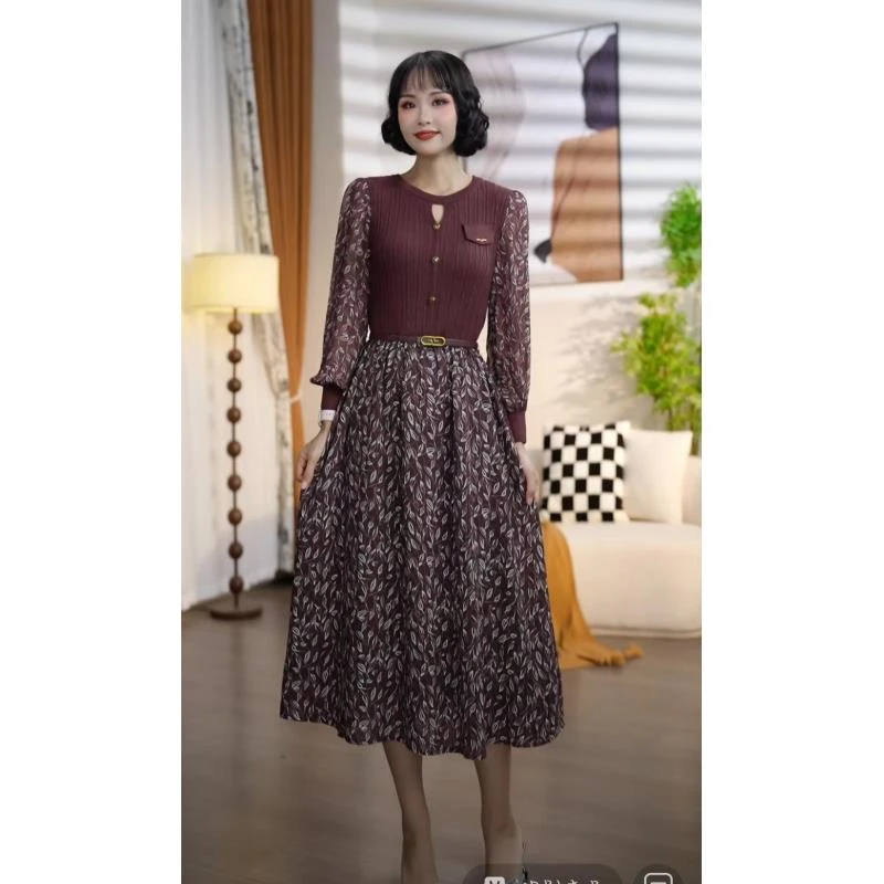 L719【断码清仓】(赠送腰带)春秋圆领拼接印花假两件连衣裙AT