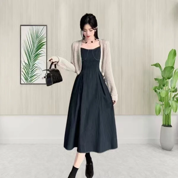 T210夏季时尚气质长款连衣裙针织外披两件套套裙DM7