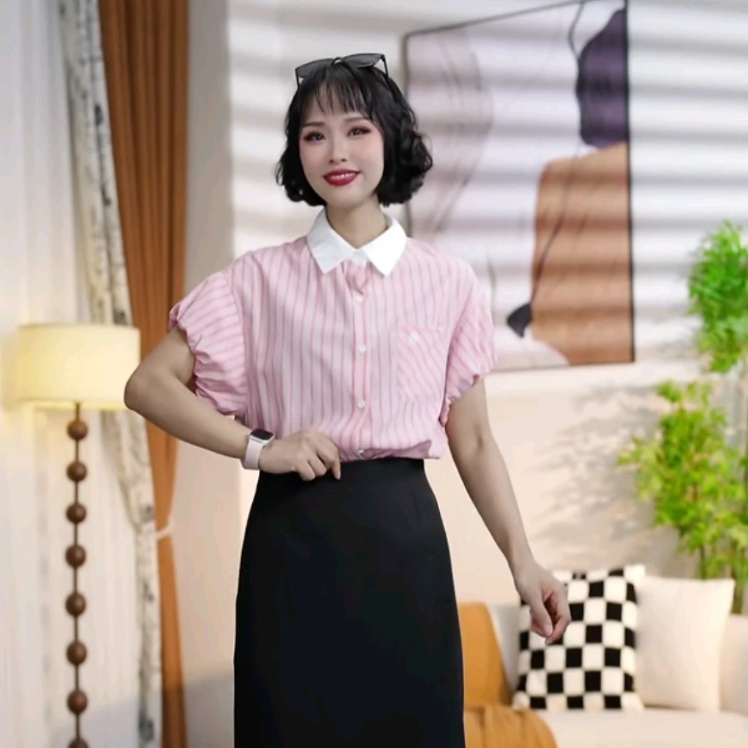 S715夏季时尚气质洋气条纹泡泡袖小衫AT