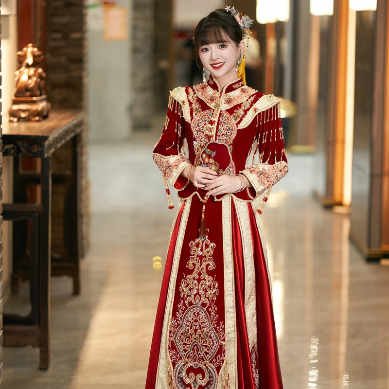 重工丝绒秀禾服红色婚礼修身结婚中式嫁衣敬酒服婚服出阁新娘服女