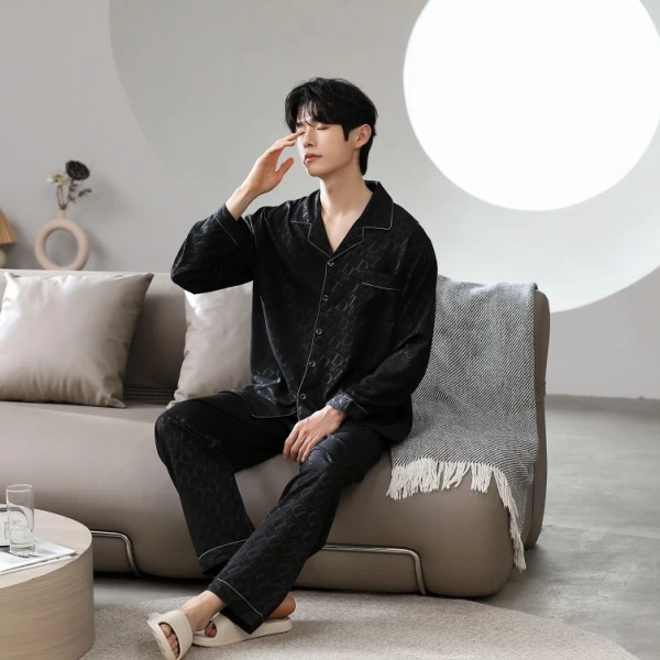【大码】春秋季男士冰雪丝睡衣长袖可外穿家居服-24226黑提花