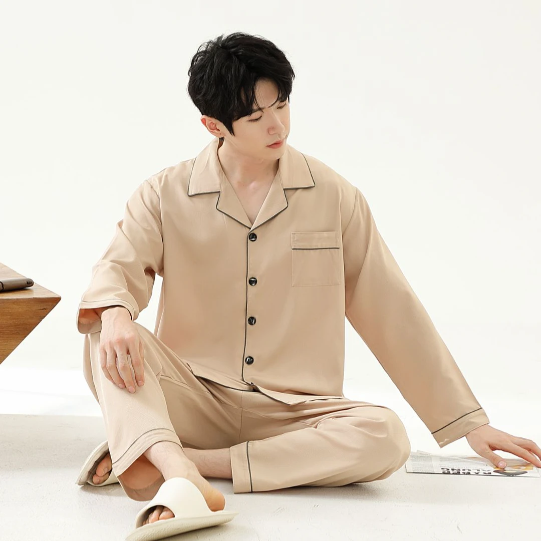 【好福份】春秋好福份斜纹男士睡衣长袖薄款套装-24241卡其色冰丝