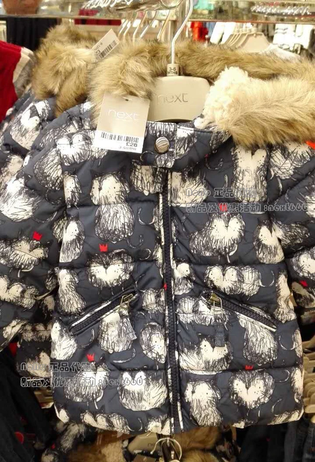 现货Next英国正品女童深蓝色猫咪涂鸦中长款棉服加厚加毛棉衣