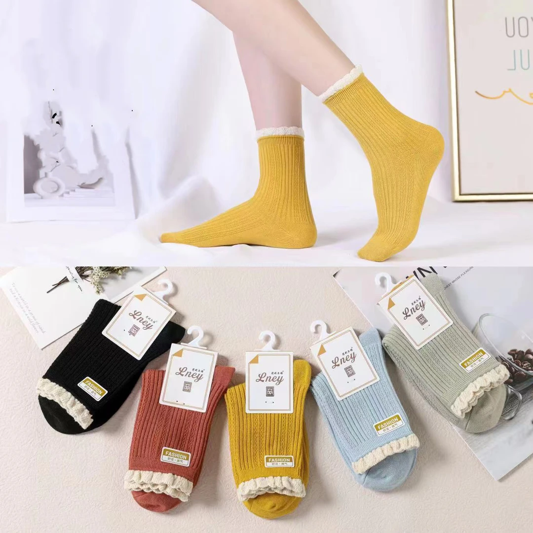 女士花边双针织里外棉线秋冬吸汗透气中高筒棉线袜潮袜中筒袜棉袜