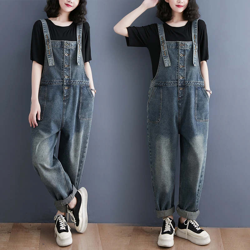 2024春夏新品宽松显瘦减龄大码单排扣牛仔背带裤女