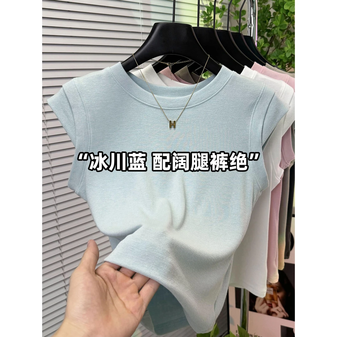 纯色圆领小飞袖正肩T恤女2024新款紧身短款上衣设计感无袖体恤夏