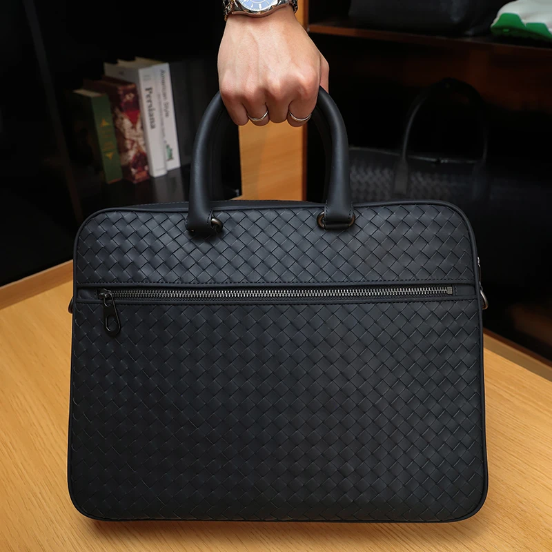 BOSOM VARVLEBV【胎牛皮】男士公文包手工编织头层牛皮手提电脑包