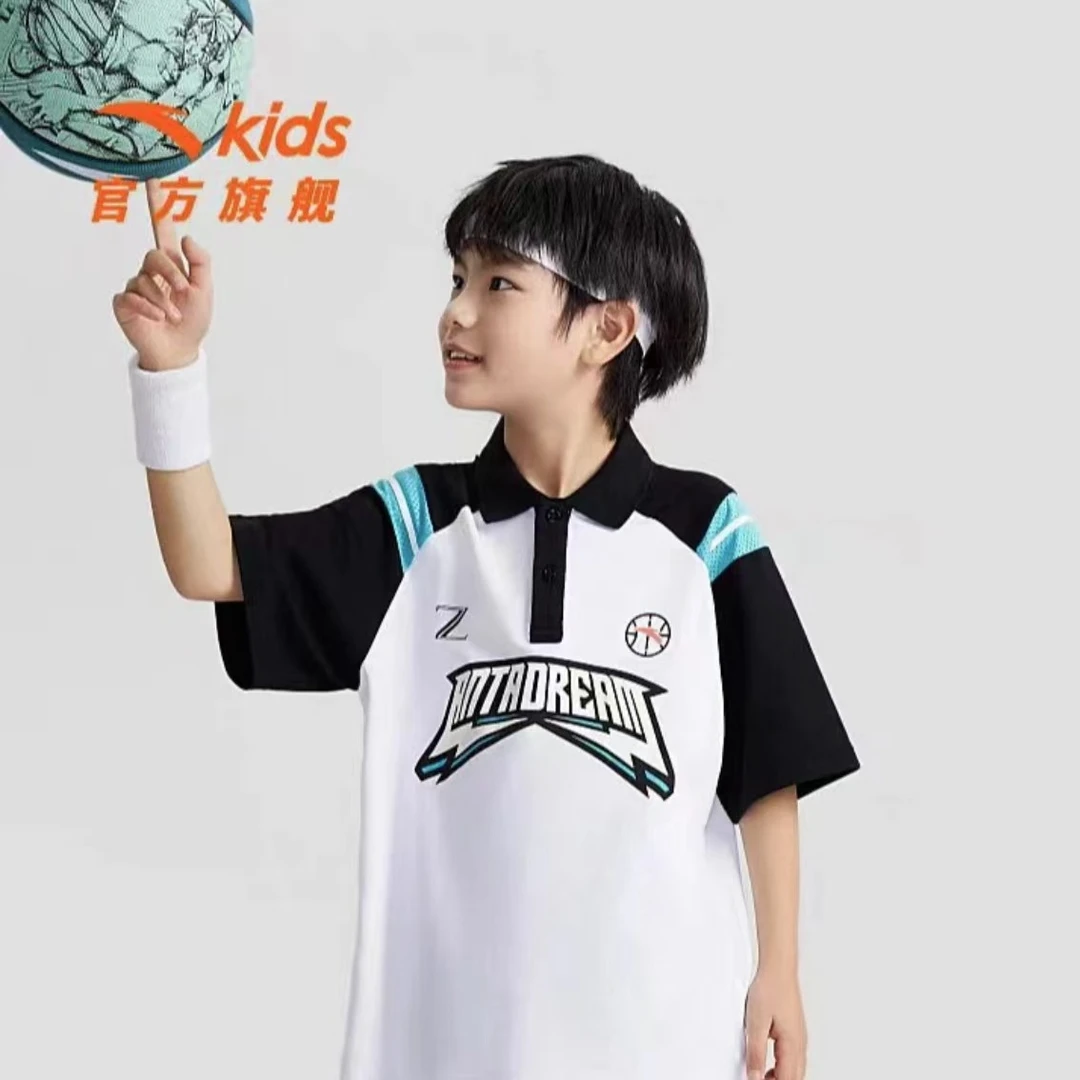 安踏儿童短袖POLO衫24年夏季新款男童翻领休闲搭透气针织百搭1110