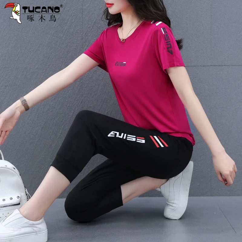 【官方正品】啄木鸟运动套装女夏季2025年新款时尚宽松短袖两件套
